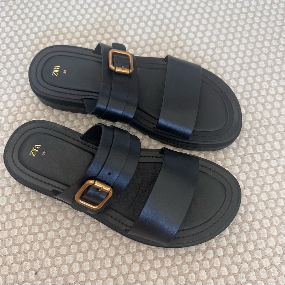 Zara Black Sandals with Gold Buckle